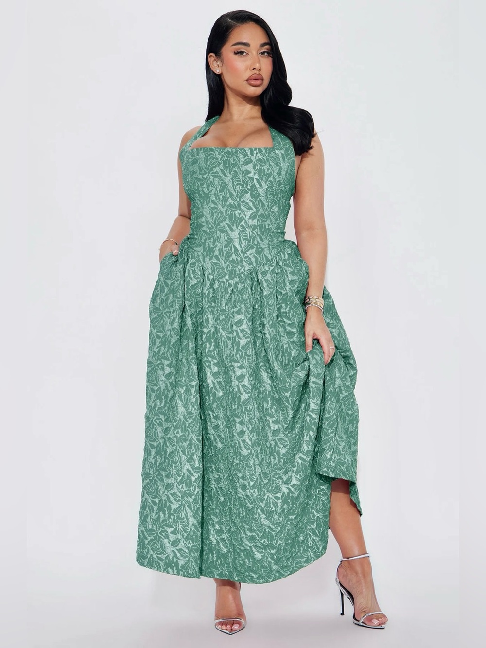 Fashion Nova Meredith Jacquard Maxi Tea Dress Turquoise Halter Neck Drop Waist